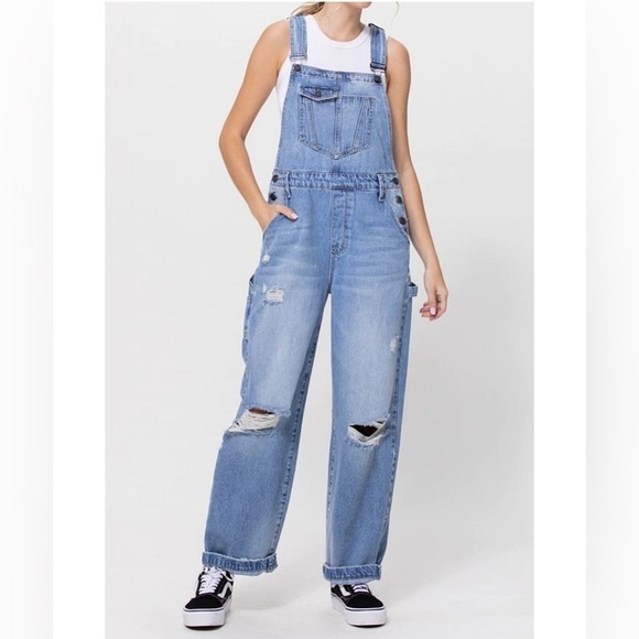 Nordstrom Denim - Nordstrom HIDDEN jeans 90s Dylan Overalls blue distressed oversized medium denim